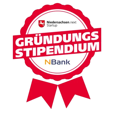 Siegel - Gefördert durch das Gründungsstipendium Niedersachsen (NBank / Niedersachsen.next Startup).